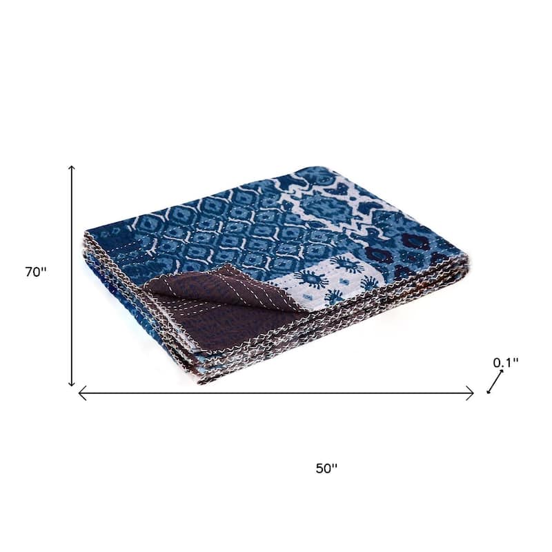 HomeRoots 50" X 70" Black And Blue Ikat Cotton Quilted Kantha Throw Blanket with Embroidery