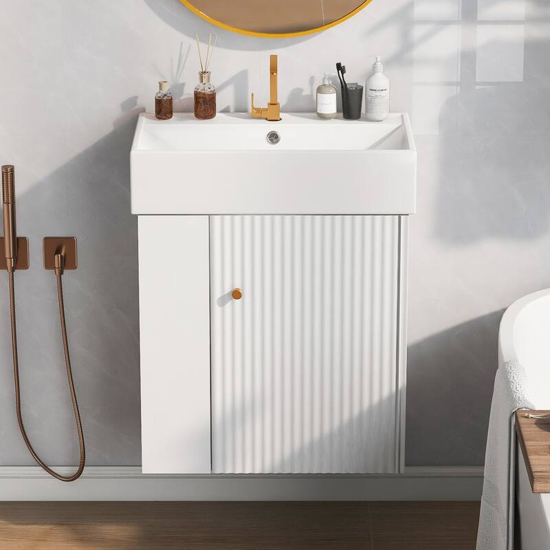 21.6" Modern Floating Bathroom Vanity with Ceramic Basin - Perfect for Small Bathrooms, Left side storage