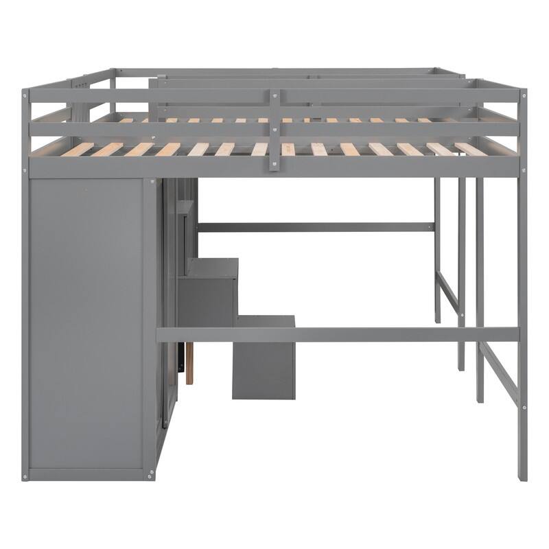 Wooden Bed with Staircase, Twin Size Double Loft Beds with Wardrobes