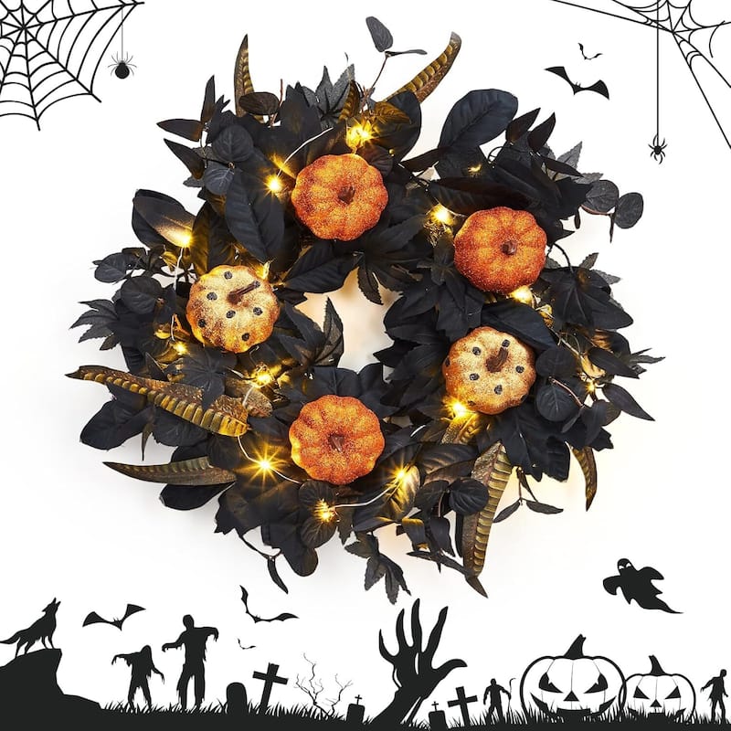 18 in Lighted Halloween Wreaths for Front Door Windows Fireplaces - N/A - Black
