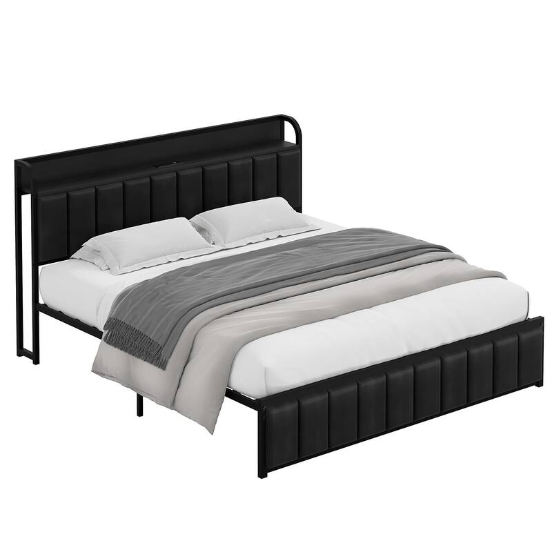 VECELO Upholstered Platform Bed Frame with Storage Headboard and Charging Station, Twin Full Queen Size