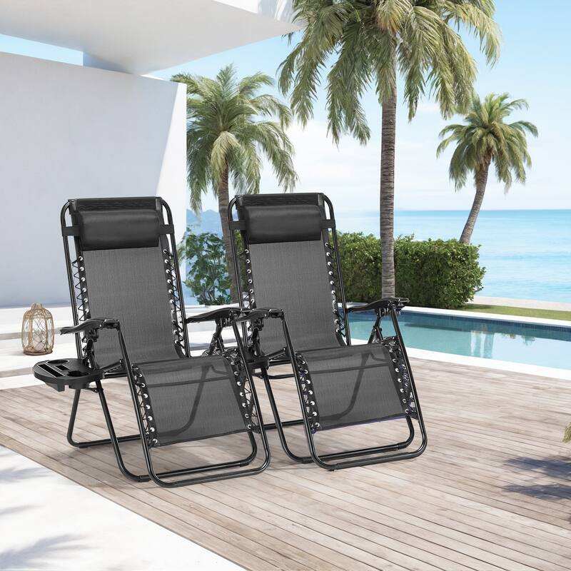 Set of 2 Zero Gravity Recliner Lounge Chairs with Cup Holders, Folding Patio Camping Beach Chairs for Outdoor Relaxation