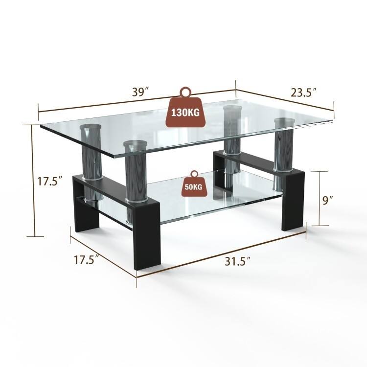 Modern 2 Tier Glass Coffee Table with Black Metal Legs - 39 inches L x 23.5 inches W x 17.5 inches H