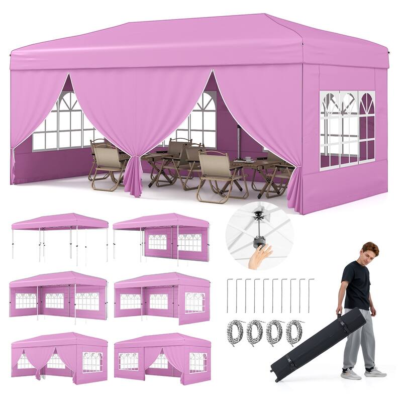 Gymax 10 X 20 FT Pop up Canopy Tent w/ 6 Sidewalls Wheeled Bag 6 - Pink