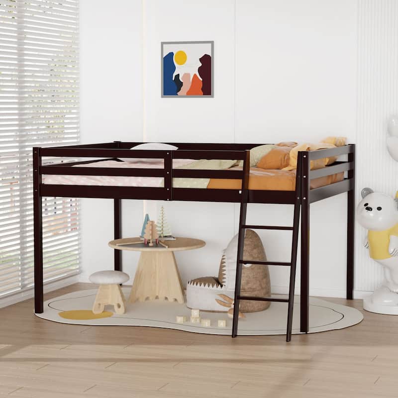 Espresso Wood Junior Loft Bed with Stairs for Adults, Kids and Young Teens