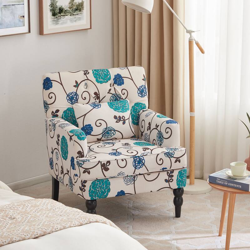 HUIMO Arm Chair Upholstered Button Tufted Accent Chair with Lumbar Pillow Beige/ Grey/ Light Blue/Brown - Blue Flower