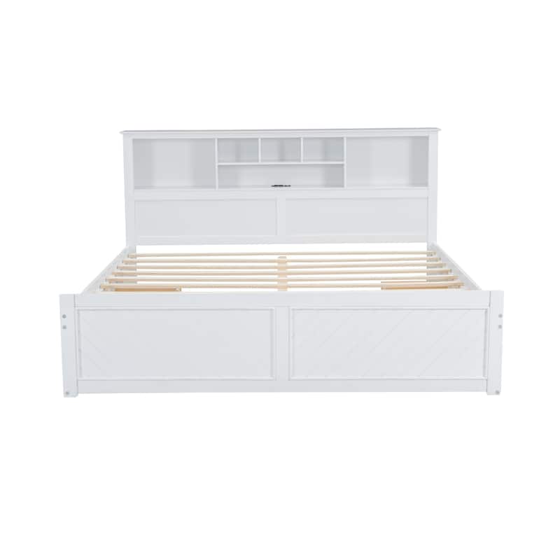 King Size Wood Platform Bed, Solid Pinewood Captain Bed Frame with All-In-One Storage Headboard, 2 Drawers and Charging Station