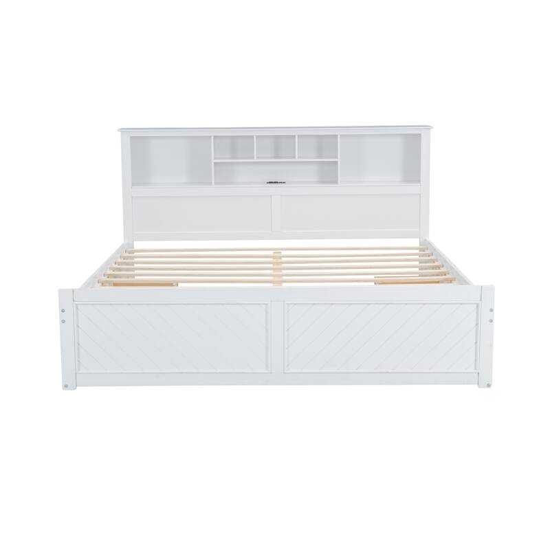 King Size Wood Platform Bed with Multi-storage Headboard, USB and Drawers, White