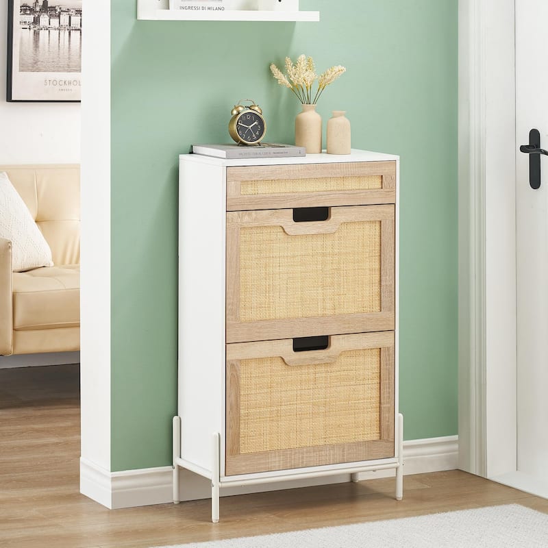 Rattan Shoe Cabinet with 2 Flip Drawers and 1 Small Drawer