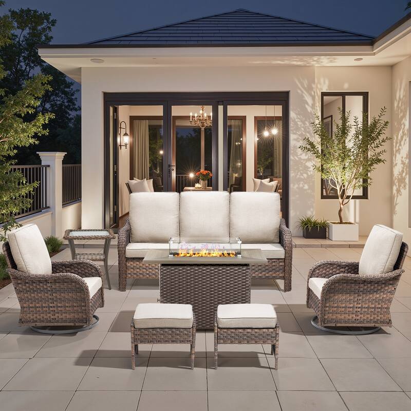 Pocassy Patio Sofa Swivel Chairs Ottoman with Fire Table Funiture - Beige Cushion - Brown Wicker - 7-Piece Sofa Swivel Chair Ottoman w/ Fire Table