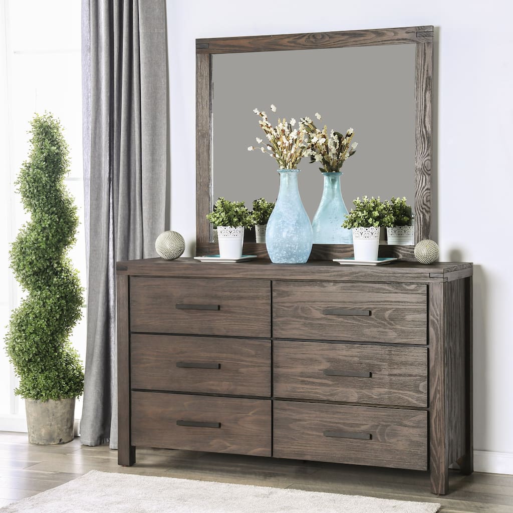 Barrison Rustic Dark Grey Wire-Brushed 2-piece 6-Drawer Dresser and Mirror Set by Furniture of America