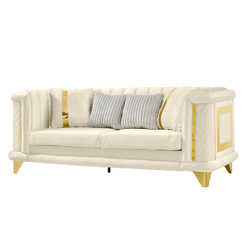89 Inches Beige Velvet 3 Seater Luxury Sofa with Gold Stainless Steel Trims and Embroidered Texture