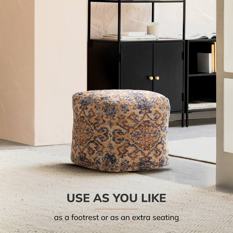 Jani Tofino 20-inch Multicolor Square Orange Pouf Ottoman - Handmade Footrest for Living Room, Bedroom, Patio