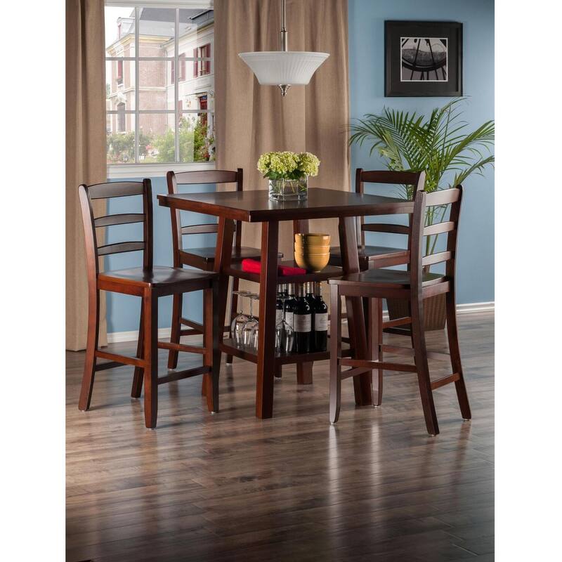 Bohemian Bar Table with 4 Stools - High Dining Set, Walnut Finish, 33.8" Square Table