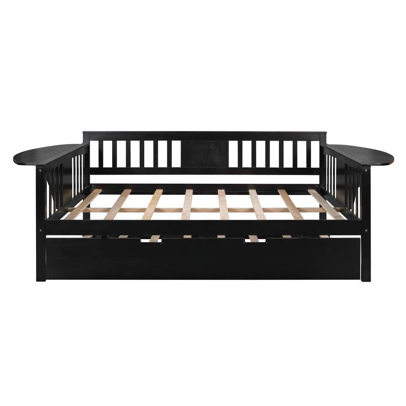 Twin/Full Size Daybed with Trundle Bed, Wooden Sofa Bed for Kids' Rooms and Guest Rooms, Sturdy Pine Wood Frame