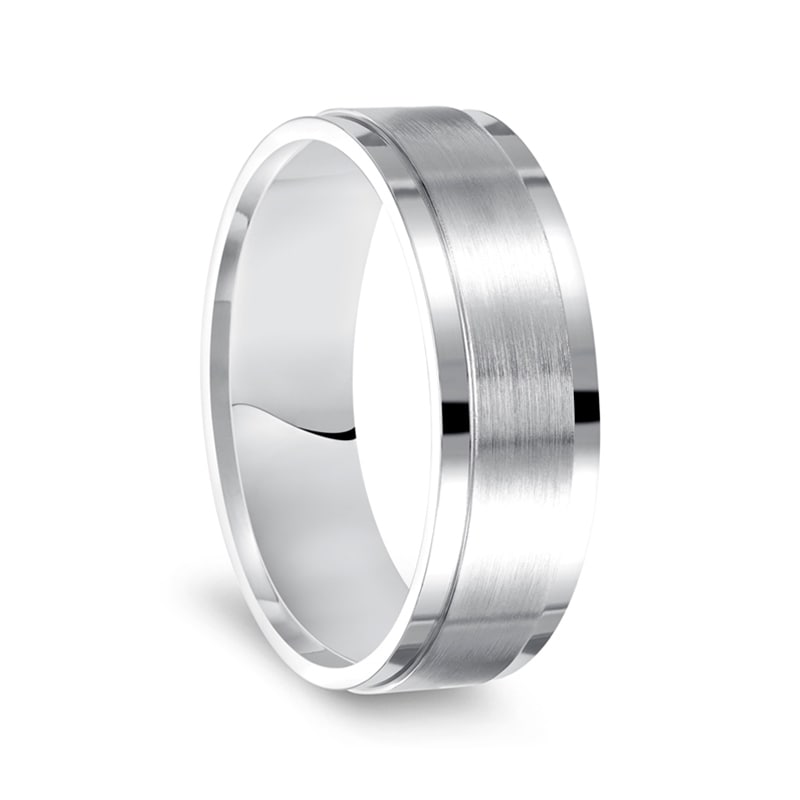 Tungsten Jeweler 8mm White Titanium Satin Finish Center with Milgrain Step Edge Wedding Band Ring for Men Or Ladies 