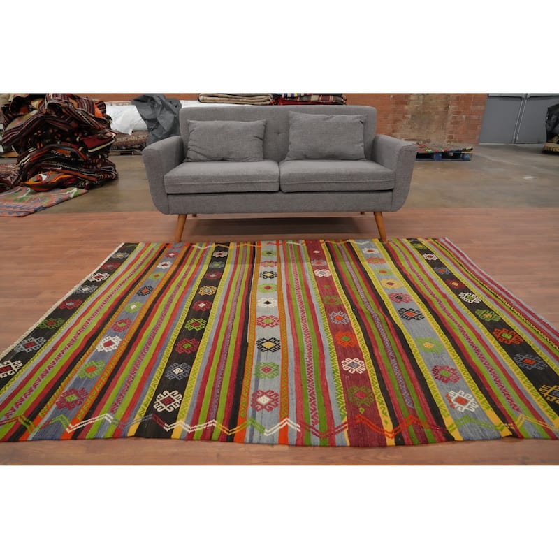 Hand Woven Oriental 100% Wool Carpet Southwestern Tribal Multi-Colored Kilim Area Rug - 7' 2'' X 5' 6''