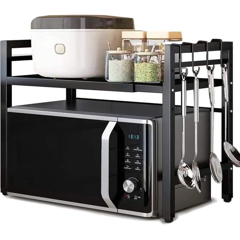 Microwave Oven Rack Expandable Countertop Heavy Duty - 12.8"D x 21.65"W x 17.13"H - Black
