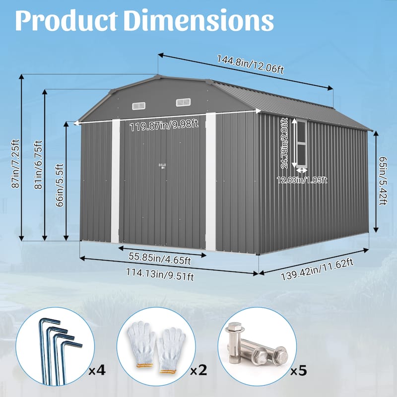 GDFStudio - Large Heavy Duty Rust-Resistant Metal Tool Shed Storage with Floor Frame & Lockable Doors for Easy Access
