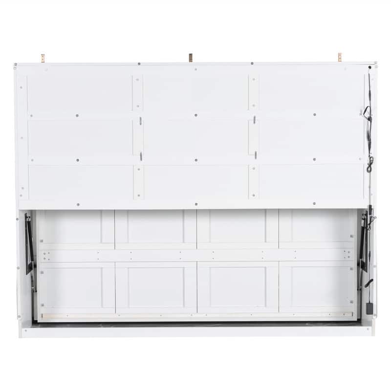 Full/Queen Size Murphy Wall Bed with LED Light and Folding Sofa, Space Saving Design Murphy Cbainet Bed wiht Storage Shelves