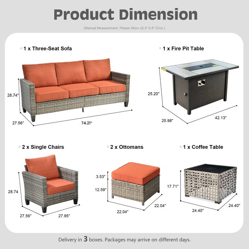 HOOOWOOO 7-piece Patio Furniture Wicker Sofa Conversation Set Fire Pit Table