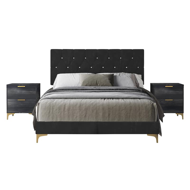 CraftPorch 3 Piece Bedroom Nightstands Set Diamond Button Tufted Bed - Black - Full