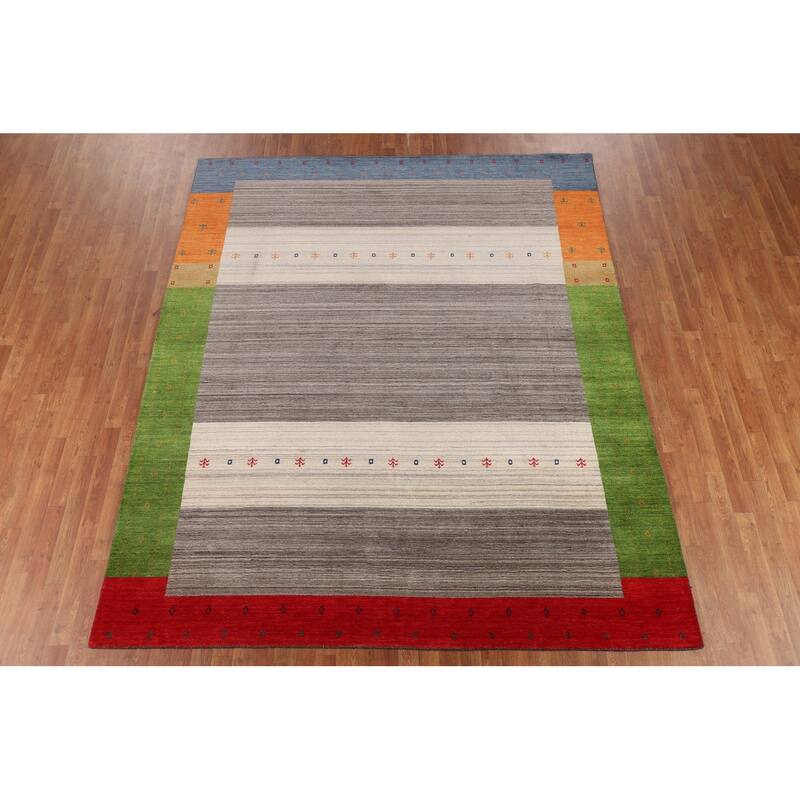 Striped Gabbeh Indian Area Rug Handmade Multi-Color Wool Carpet - 8'1"x 9'7"