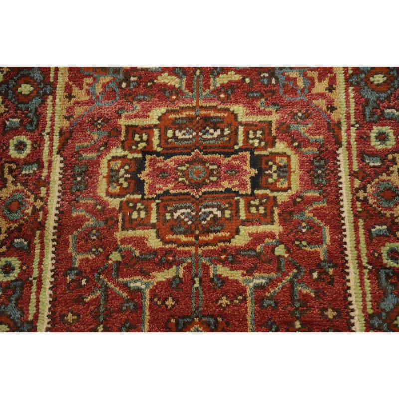 Hand Knotted Oriental 100% Wool Carpet Traditional Geometric Oranges & Rust Heriz (serapi) Runner Rug - 10' 0'' X 2' 6''