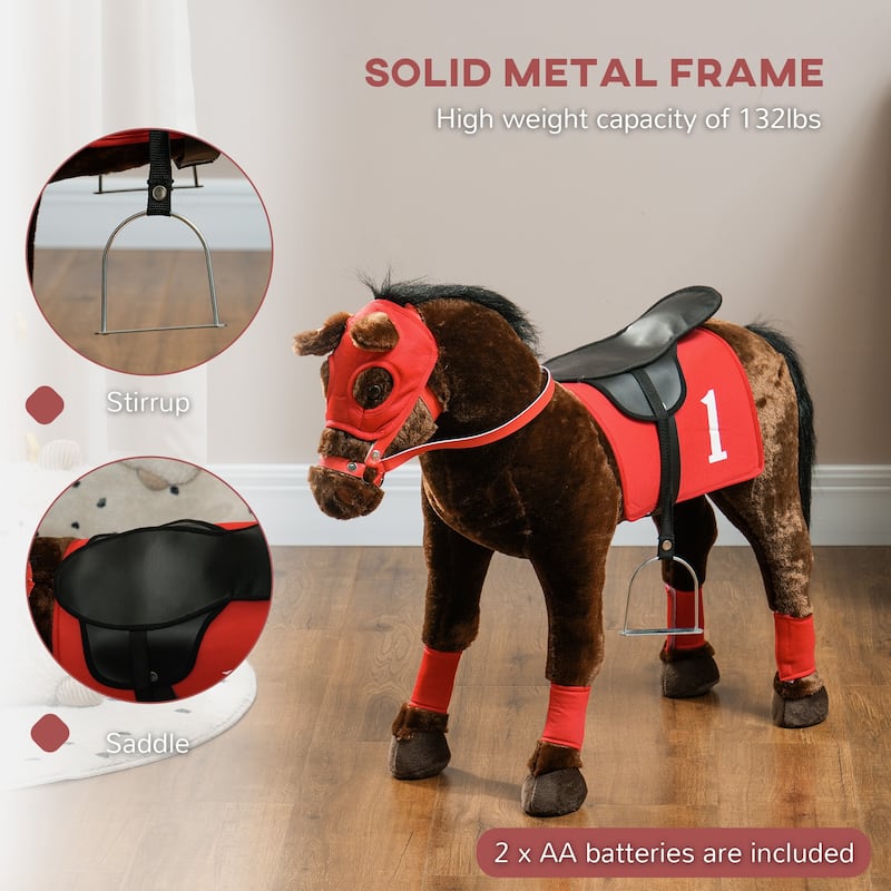 Qaba Ride on Horse for Kids 3-8 Years Old, Toddlers Riding Horse with Neighing Sound, Ride on Animal Pony Toy, Brown