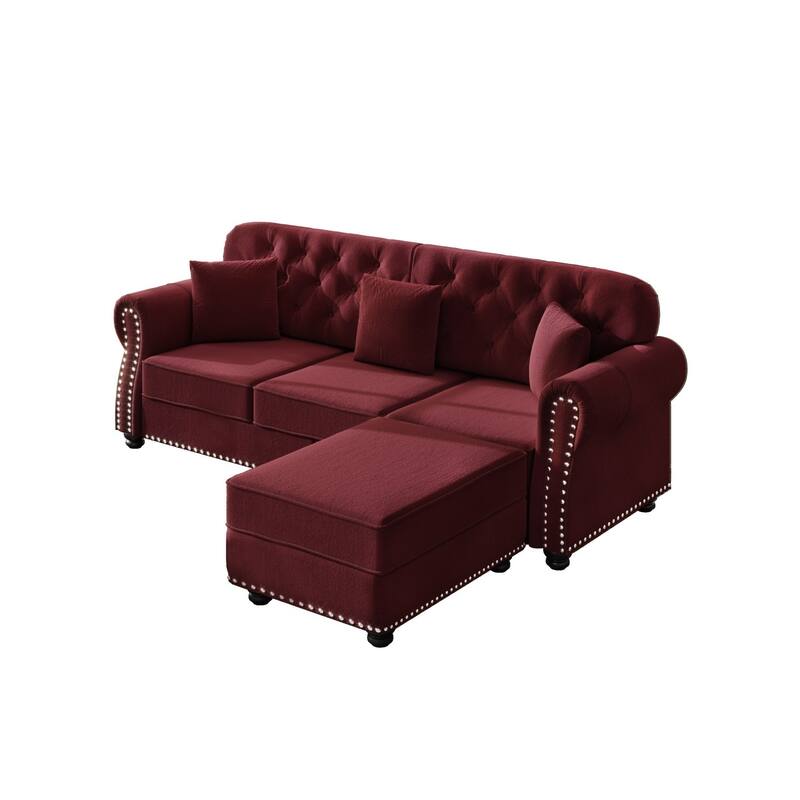 82.6" Velvet Sofa with Button Tufted, 3 Pillows and 1 Ottoman