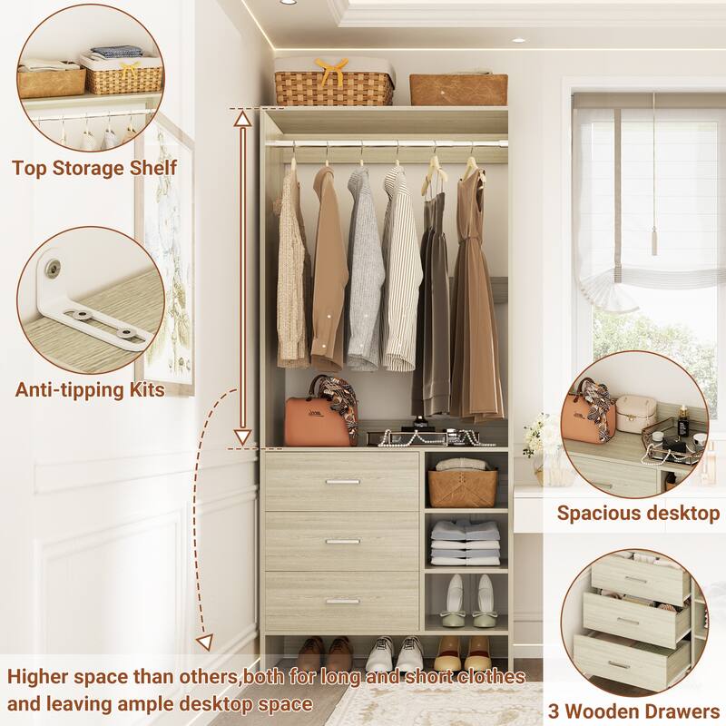 Cimly 30'' W Freestanding Closet Sytem with Hanging Rod, Closet Organizer with Drawers and Shelves