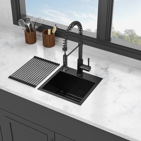 slide 2 of 20, Black Stainless Steel Single Bowl Drop-in Kitchen Sink with Rinse Grid