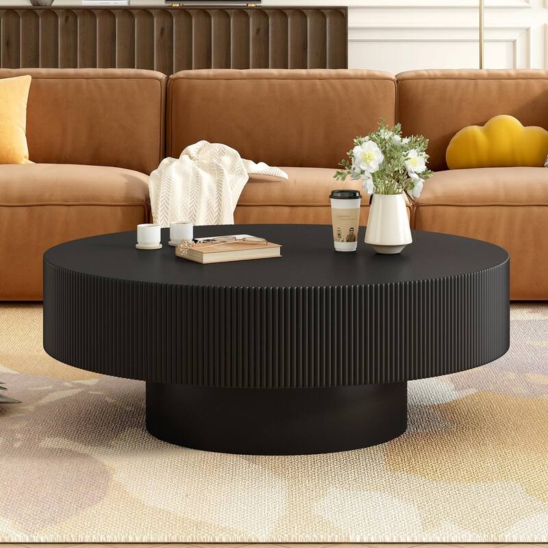 Modern Round Drum Coffee Table with Sturdy Base - Black