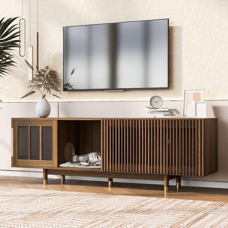 Modern 2 in 1 TV Stand with Cat Scratcher, Cat House Media Console Table with Sliding Flip-down Glass Doors