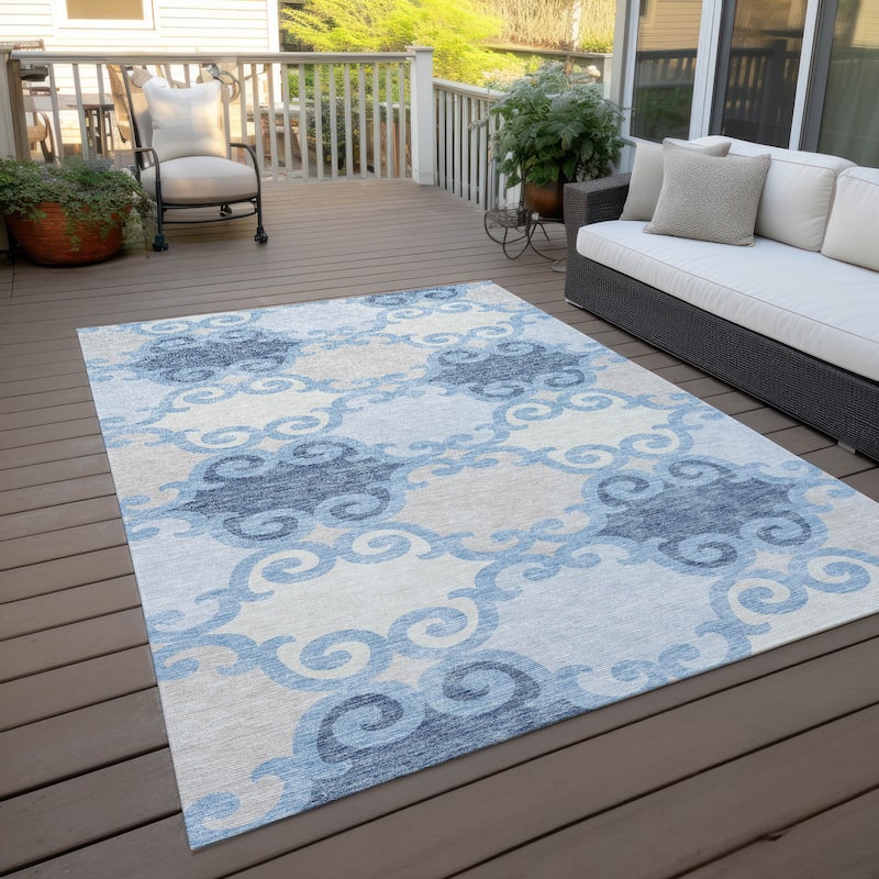 Machine Washable Indoor/ Outdoor Chantille Scroll Rug - Sky - 5' x 7'6"