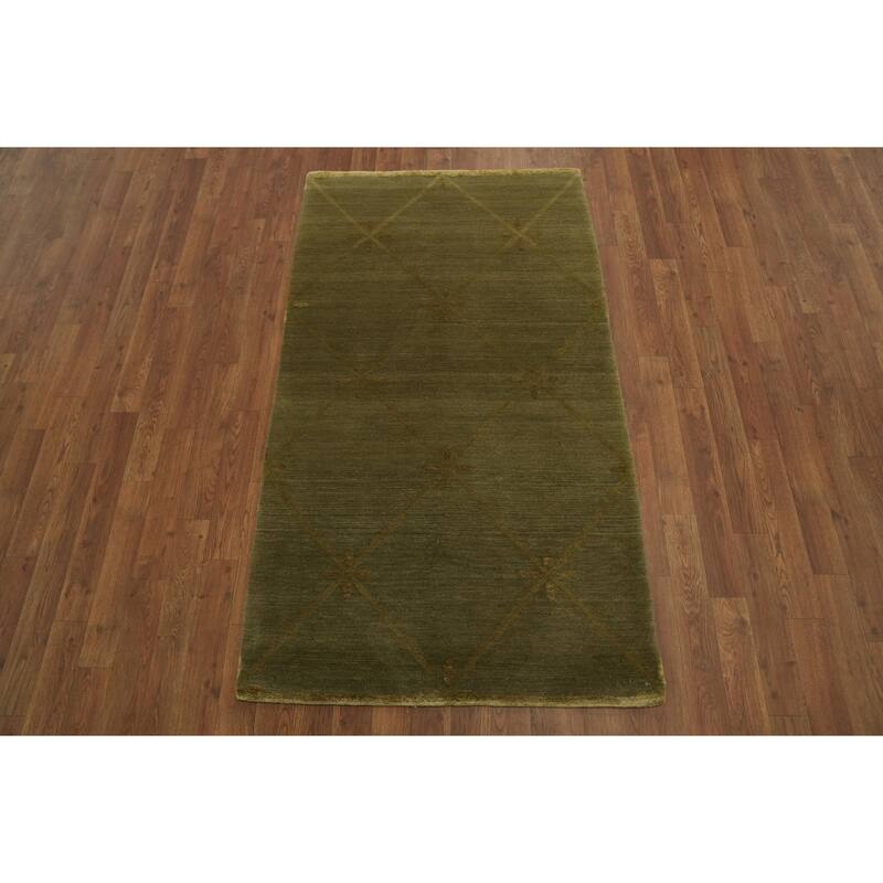 Hand Knotted Oriental 100% Wool Carpet Modern Geometric Green Nepalese Area Rug - 5' 3'' X 3' 0''