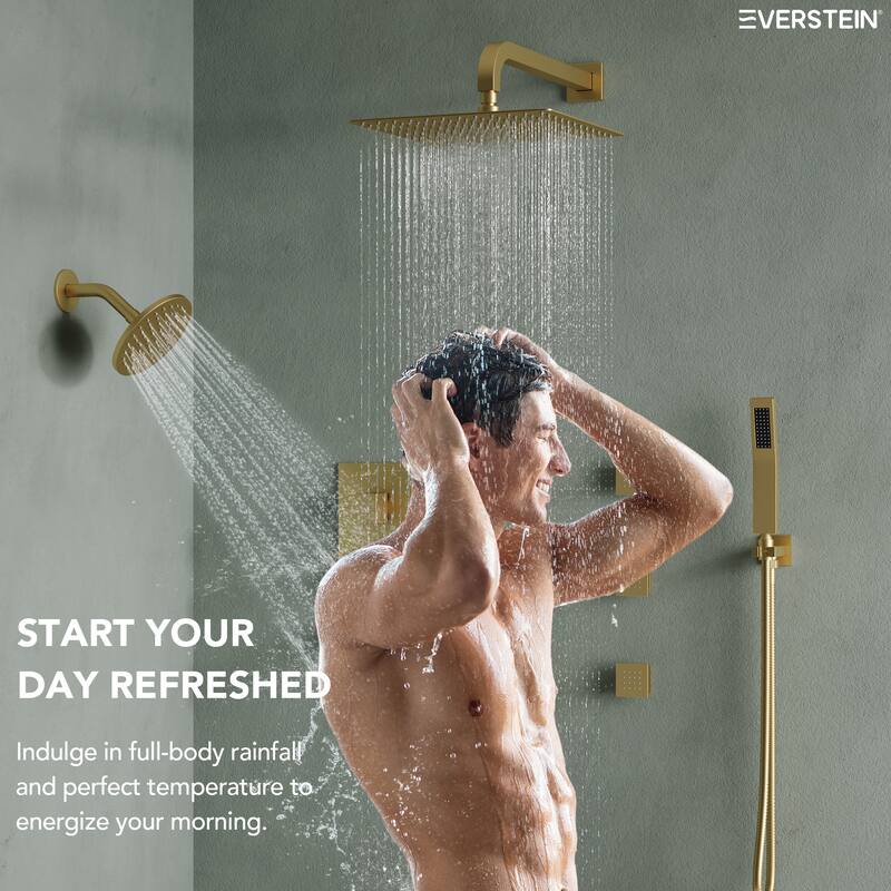 4-Functions Thermostatic Shower System, Wall Mount Shower Faucet Set 12" & 6" Dual Shower Head with 6 Body Jets