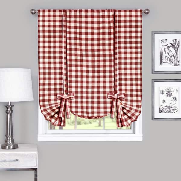 slide 2 of 4, Achim Cotton Blend 63-inch Long Buffalo-check Window Tie-Up Shade Burgundy