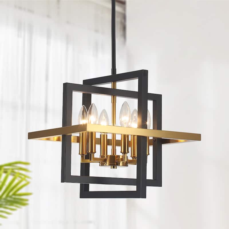 12.99" Wide 6-Light Semi Flush Mount Chandelier, Industrial Style Square Open Frame Pendant Light for Living Room - Black+Gold