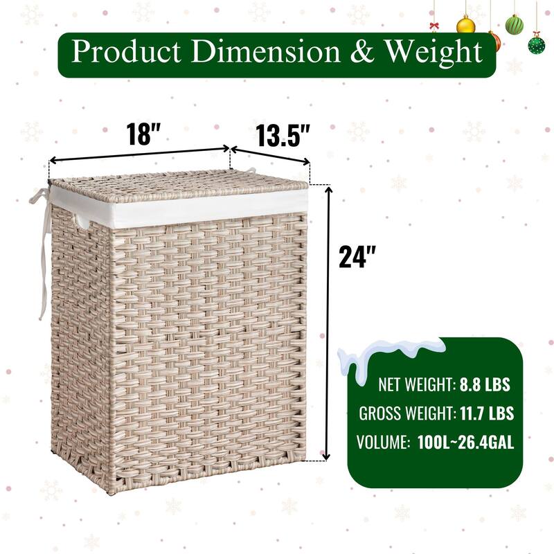 Grey Laundry Hamper with Lid - Durable PE Rattan Powder-Coated Frame, Includes 2 Removable Bags, 100L Capacity