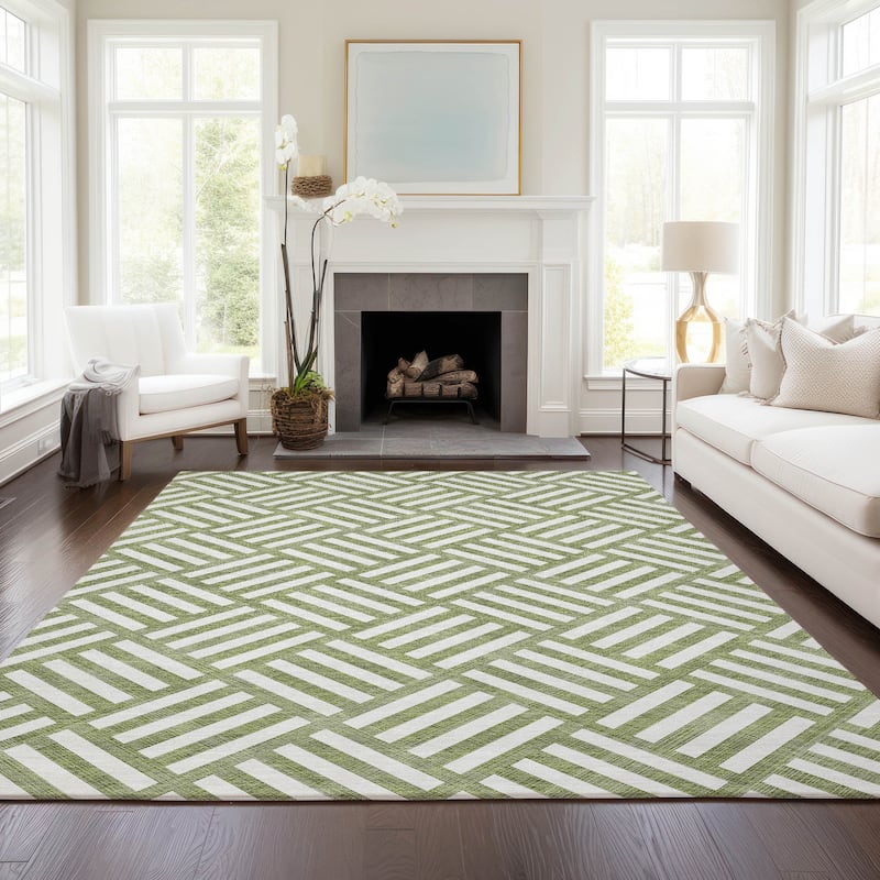 Machine Washable Indoor/ Outdoor Chantille Geo Modern Rug - Olive - 9' x 12'
