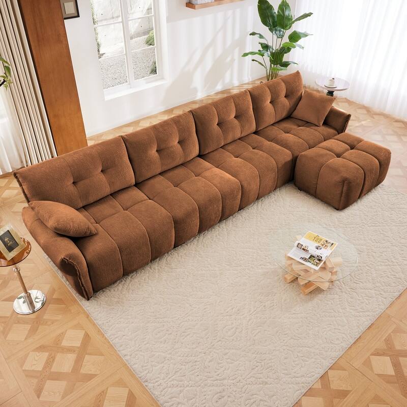 141.7" Chenille Four Seater Upholstered Sofa with Footstool