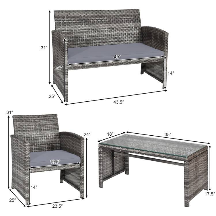 4 Pieces Patio Rattan Furniture Set with Glass Table and Loveseat - 43.5" x 25"x 31" (L x W x H)