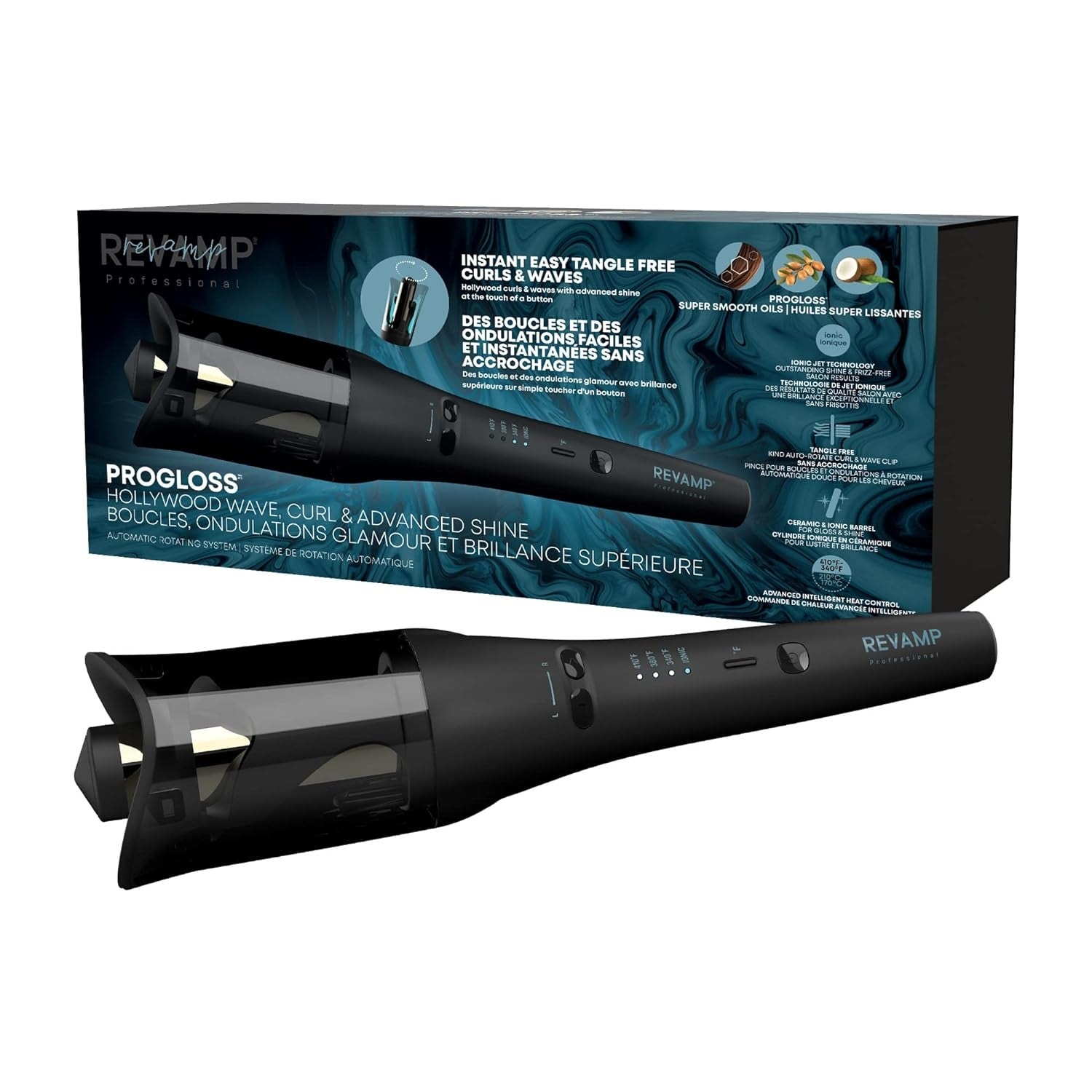 Revamp Progloss Hollywood Automatic Curling Iron, Advanced Shine Rotating Curling Iron with Dual Ionic Jets, 1in. Ceramic Barrel