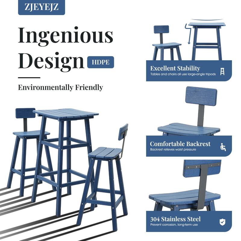 3-Piece Black Frame HDPE Plastic Outdoor Dining Set