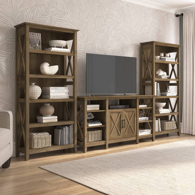 Tall Farmhouse TV Stand with 2 Bookcases by Bush Furniture - Reclaimed Pine