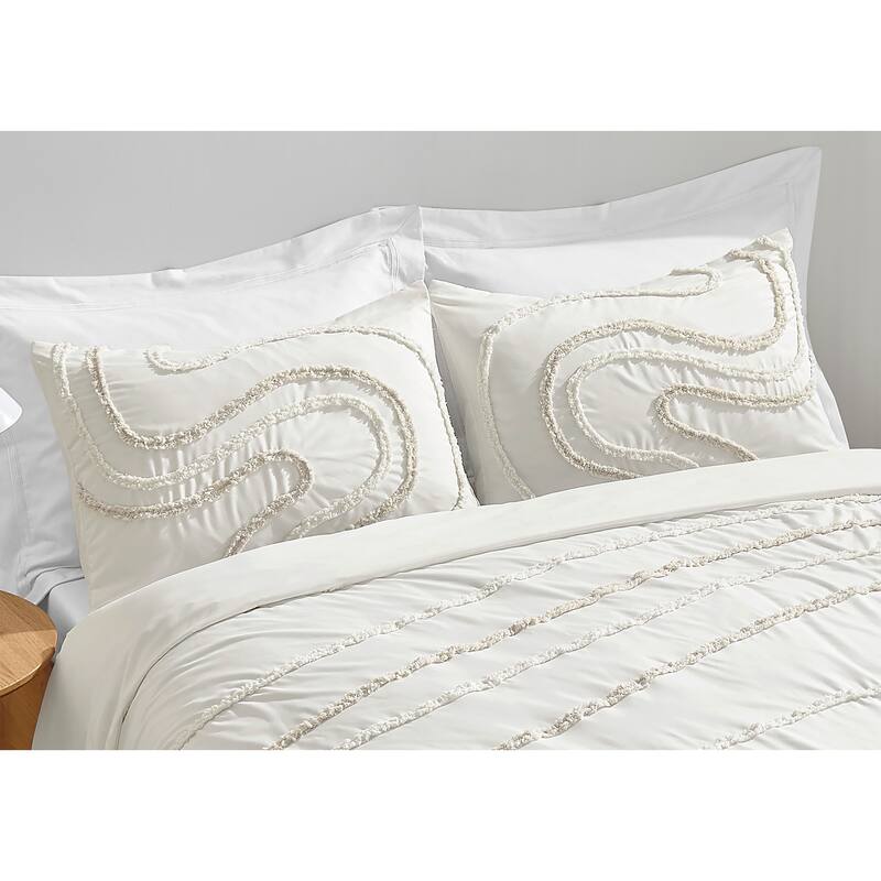 Sweet Jojo Designs Boho Tufted Swirl Queen Duvet Cover Bedding Set Neutral Ivory Bohemian Pattern Geometric Abstract Unisex