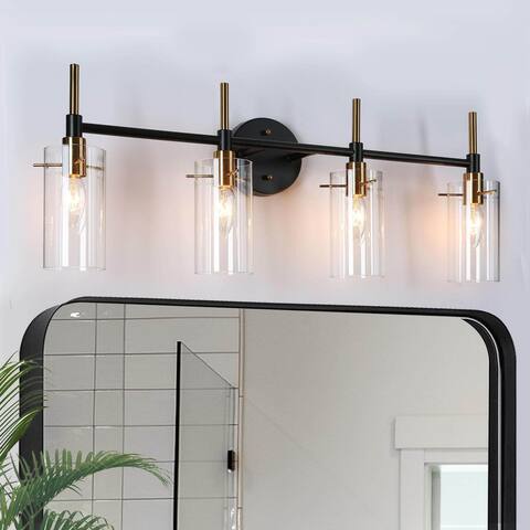 4-Light Black Gold Linear Modern Bathroom Vanity Lights Glass Wall Sconce