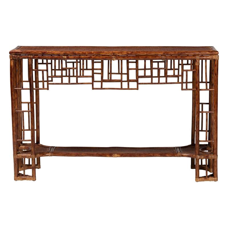 Tahlia Marbled Tortoise Natural Rattan Console Table - Handcrafted Wicker Accent Table with Coastal Boho Style
