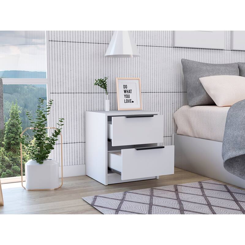 White Nightstand with Two Drawers and Metal Handle